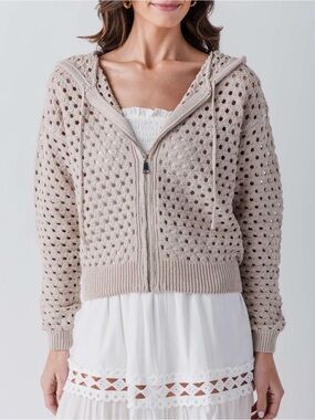 Elan Open-Knit Hooded Zip Sweater - Beige
